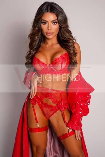 Stunning Brazilian escort Hailey is posing in a matching red lingerie set