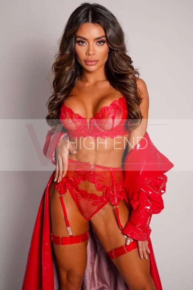 Stunning Brazilian escort Hailey is posing in a matching red lingerie set